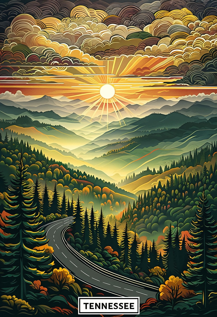 Vibrant Tennessee Sunset Landscape Illustration Poster
