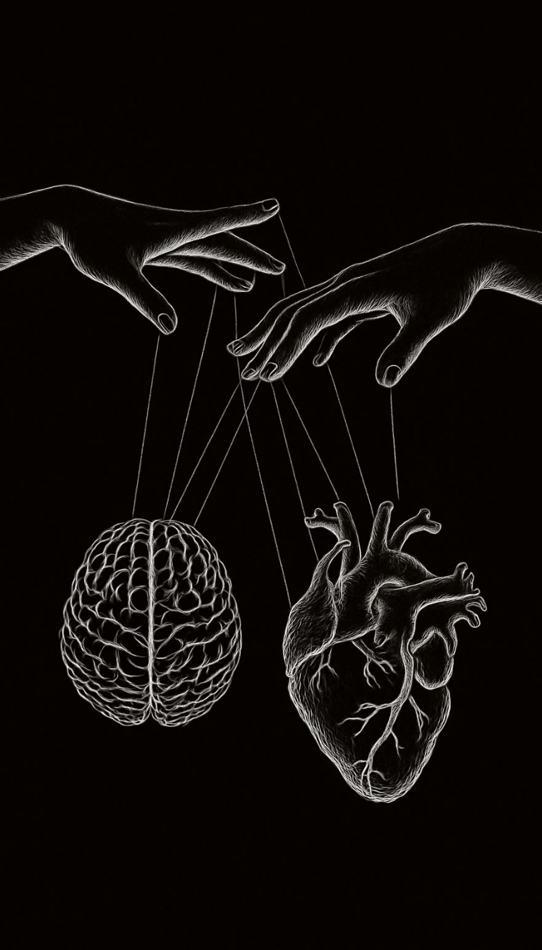 Intricate Black and White Illustration of Hands Controlling Puppets Mobile Wallpaper