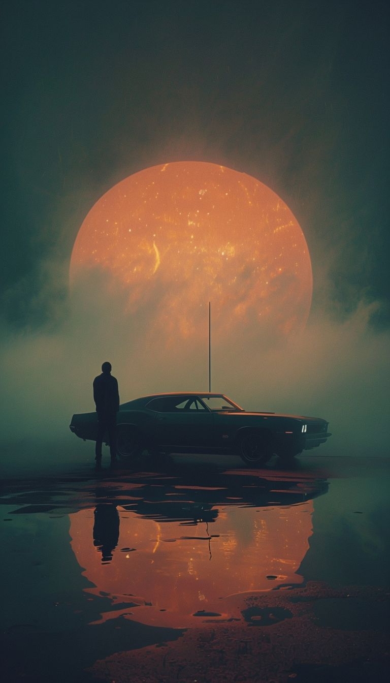 Surreal Silhouette of Person and Vintage Muscle Car Wallpaper