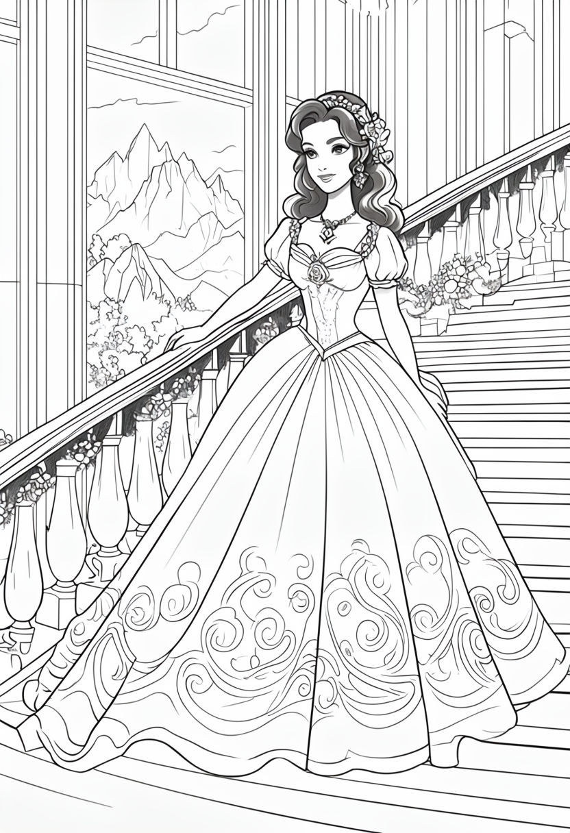 Elegant Female Character on Staircase Coloring Book Page