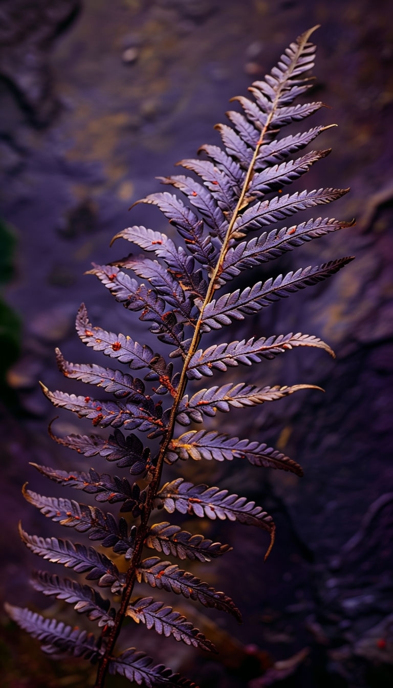 Close-Up Dark Purple Fern Frond with Earthy Background Mobile Wallpaper