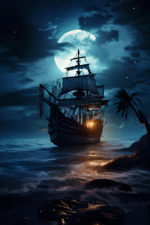 Old Pirate Ship On The Moonlit Coast With Broken Pirate Flag By 胖多比 