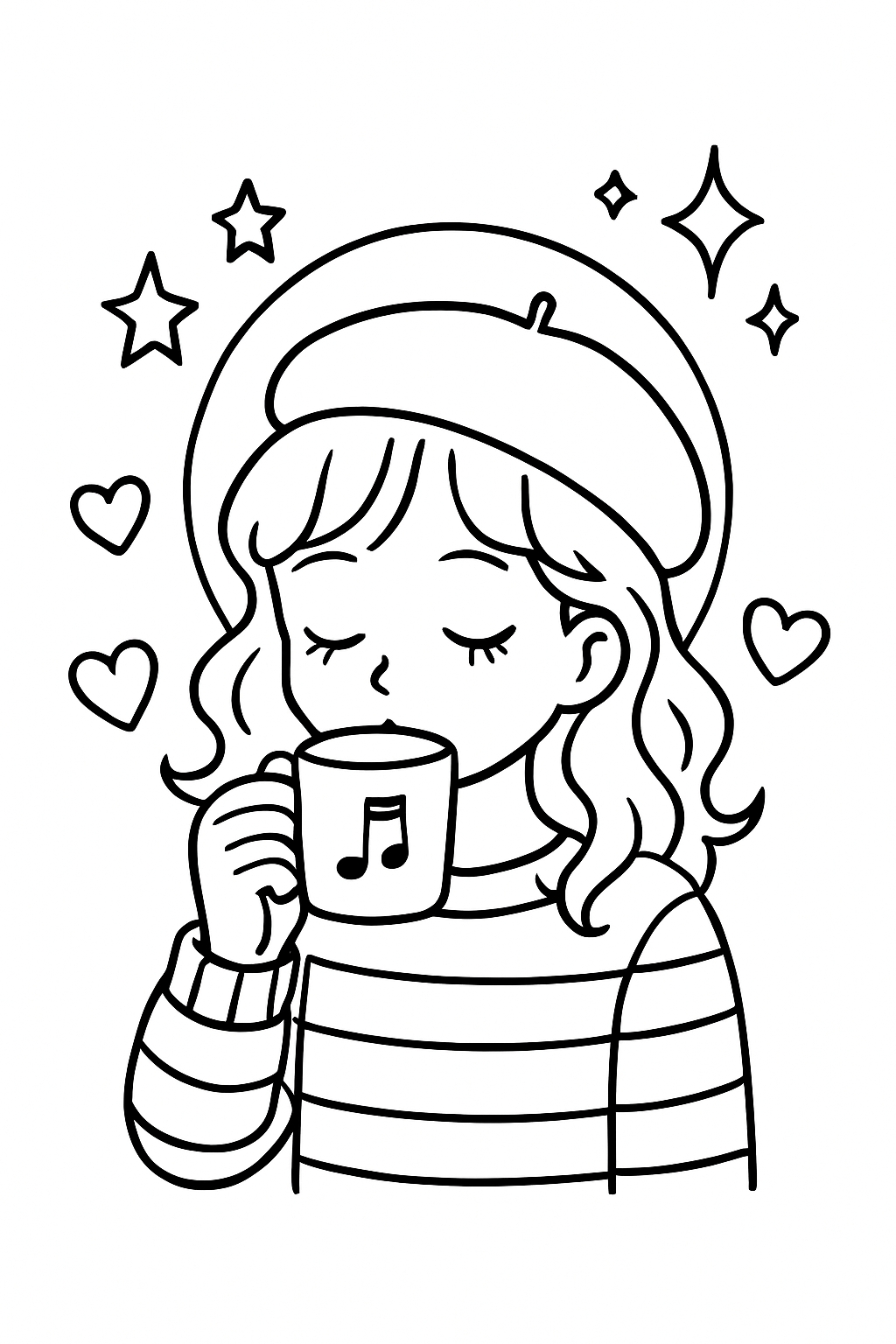 Charming Young Girl with Mug and Stars Coloring Page