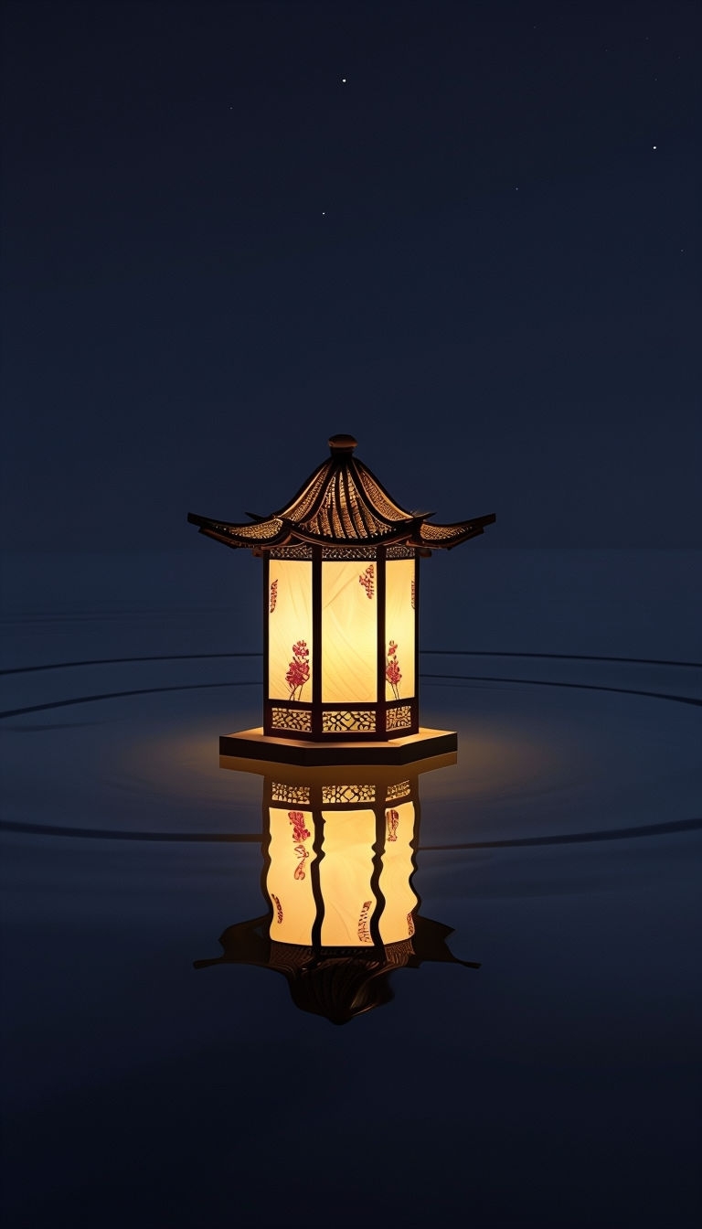 Warm Glow of East Asian Lantern Reflected on Calm Water Mobile Wallpaper