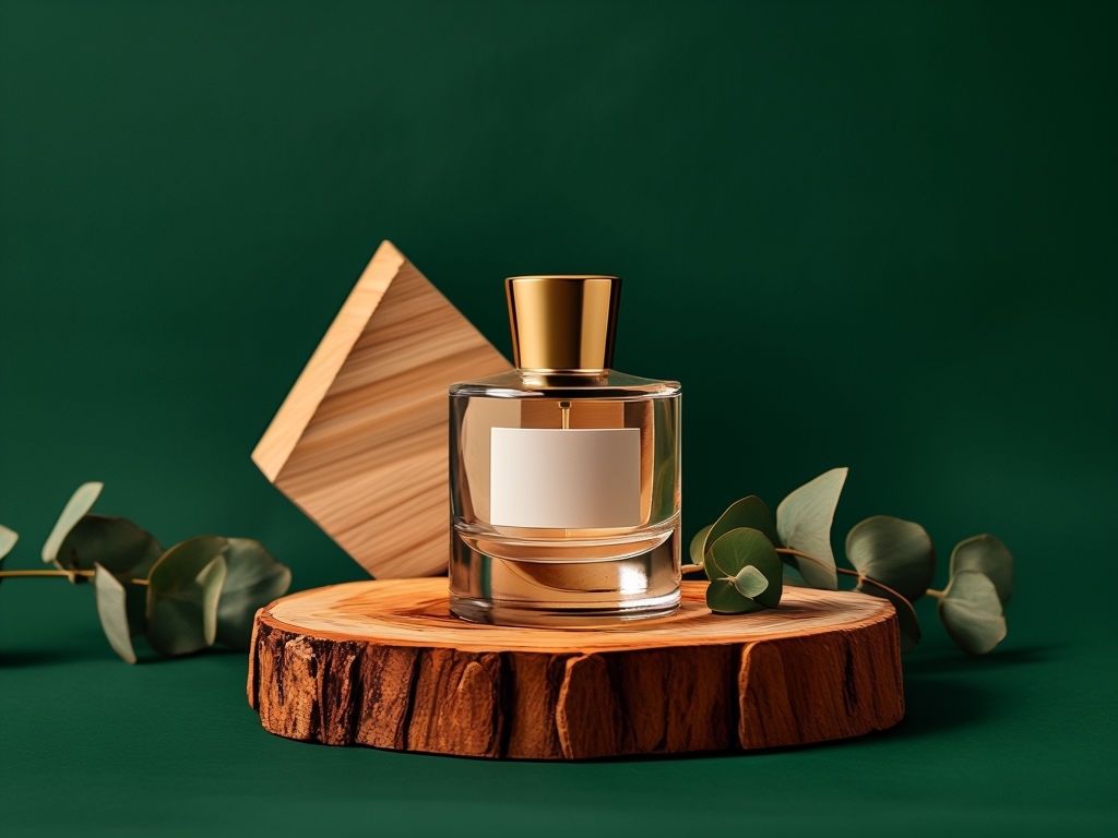 Elegant Minimalist Glass Perfume Bottle on Wooden Slice Mockup