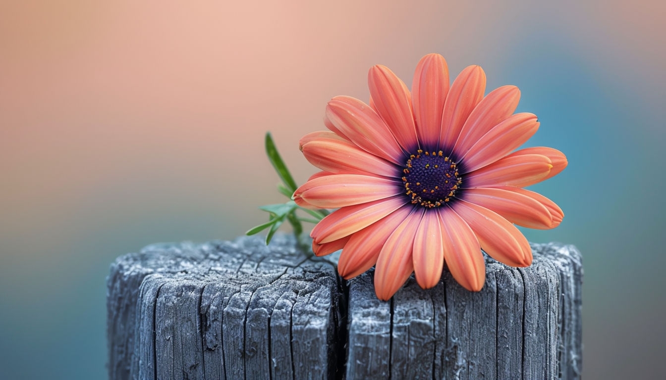 Vibrant Orange Daisy on Rustic Wooden Post Virtual Background