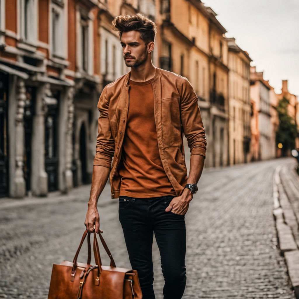 Handsome young man in rust texture t-shirt and jeans clothes... by ...