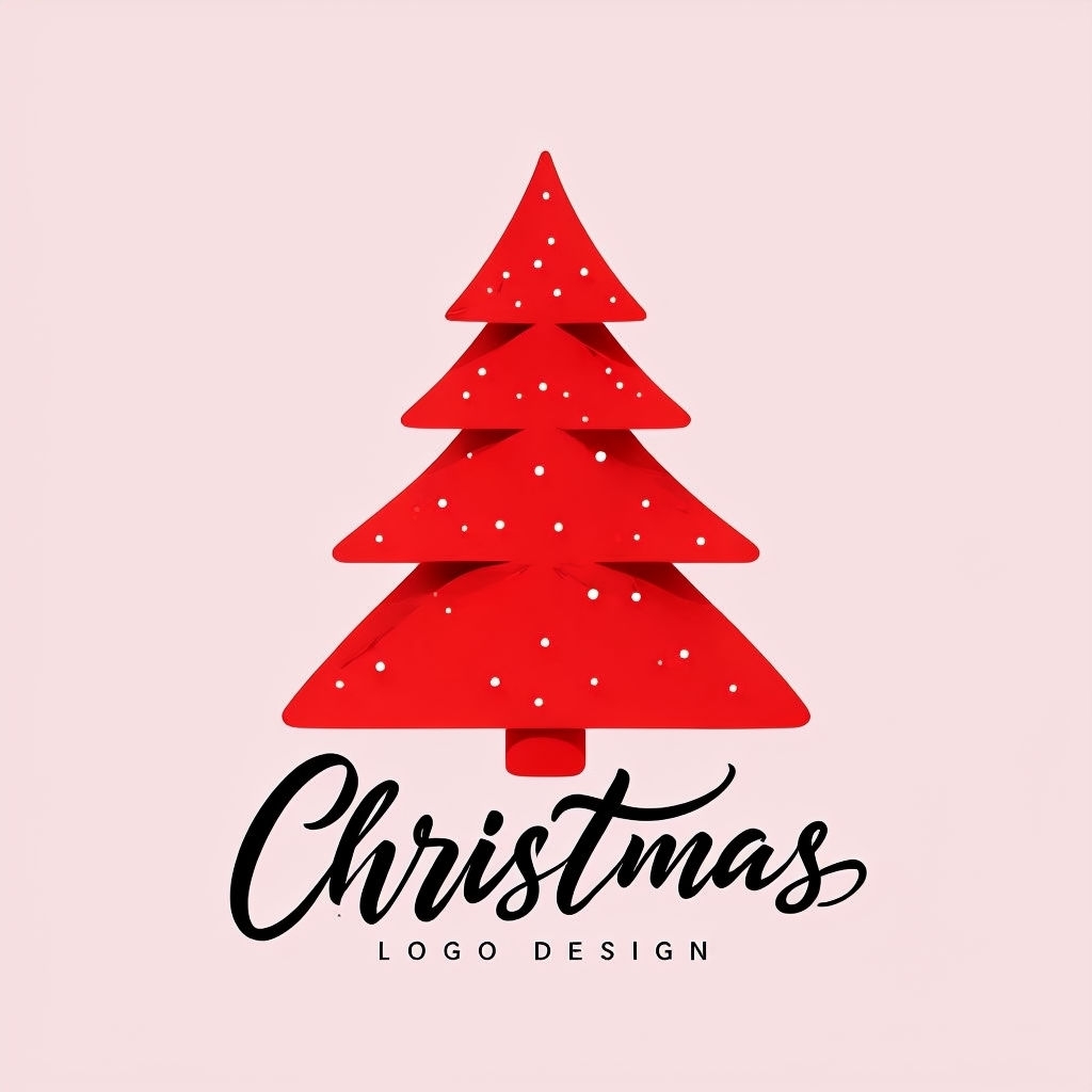 Minimalist Red Christmas Tree Logo Design on Pink Background