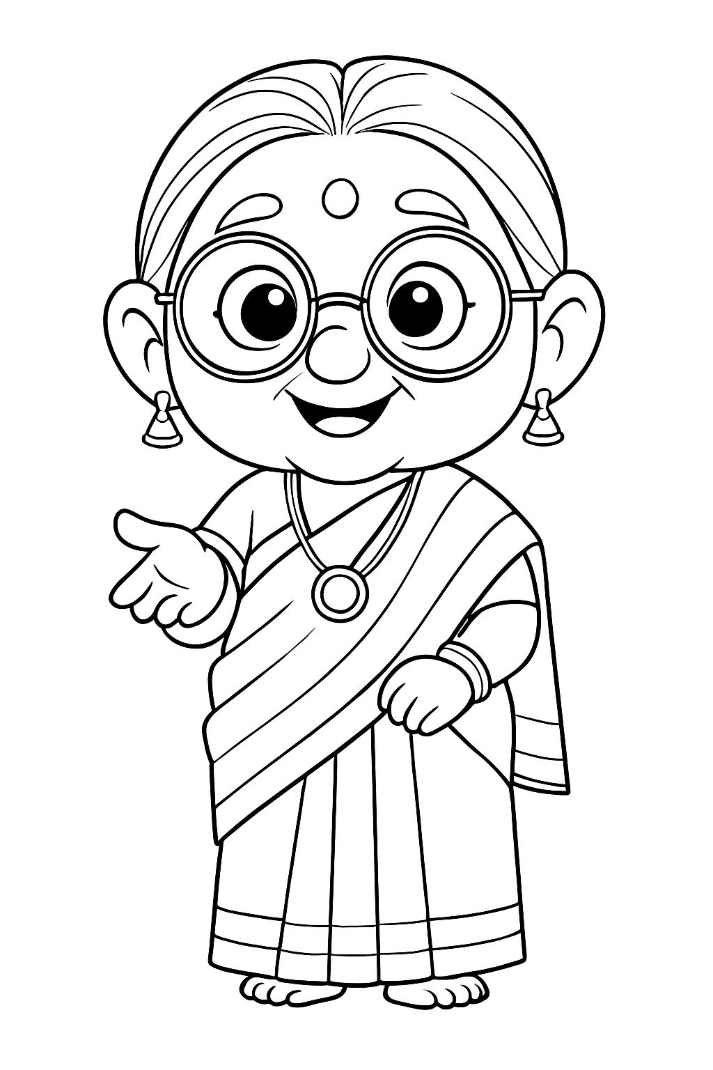 Cheerful Elderly Woman Cartoon Line Drawing for Coloring Book Pages