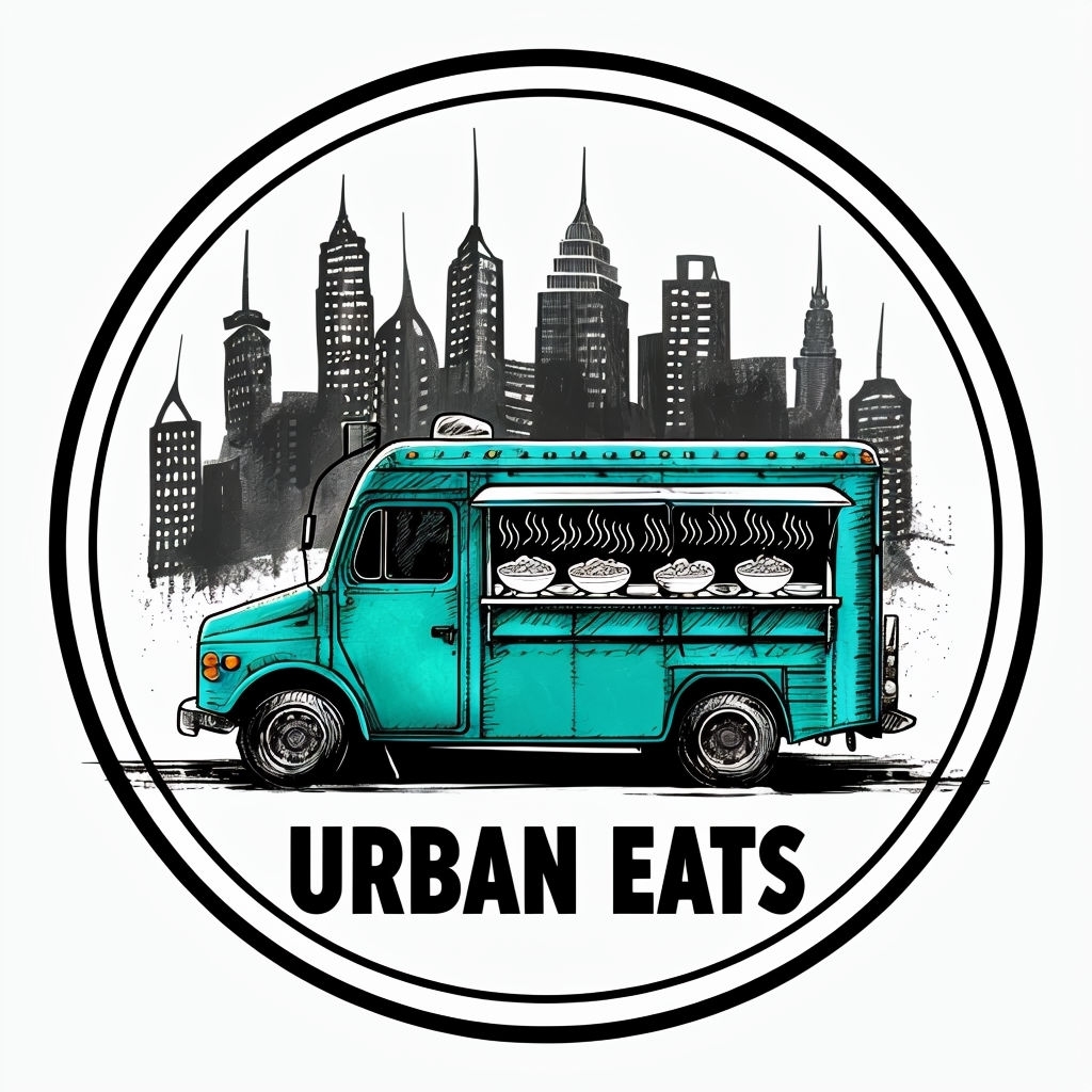 Vibrant Urban Eats Food Truck Logo Design with Cityscape