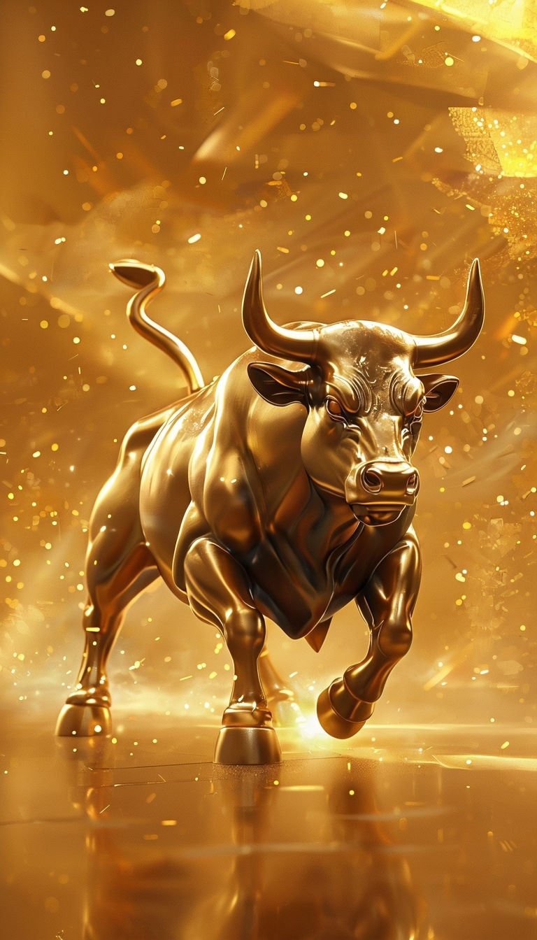 Dynamic Golden Bull Statue Artwork with Energetic Atmosphere Mobile Wallpaper