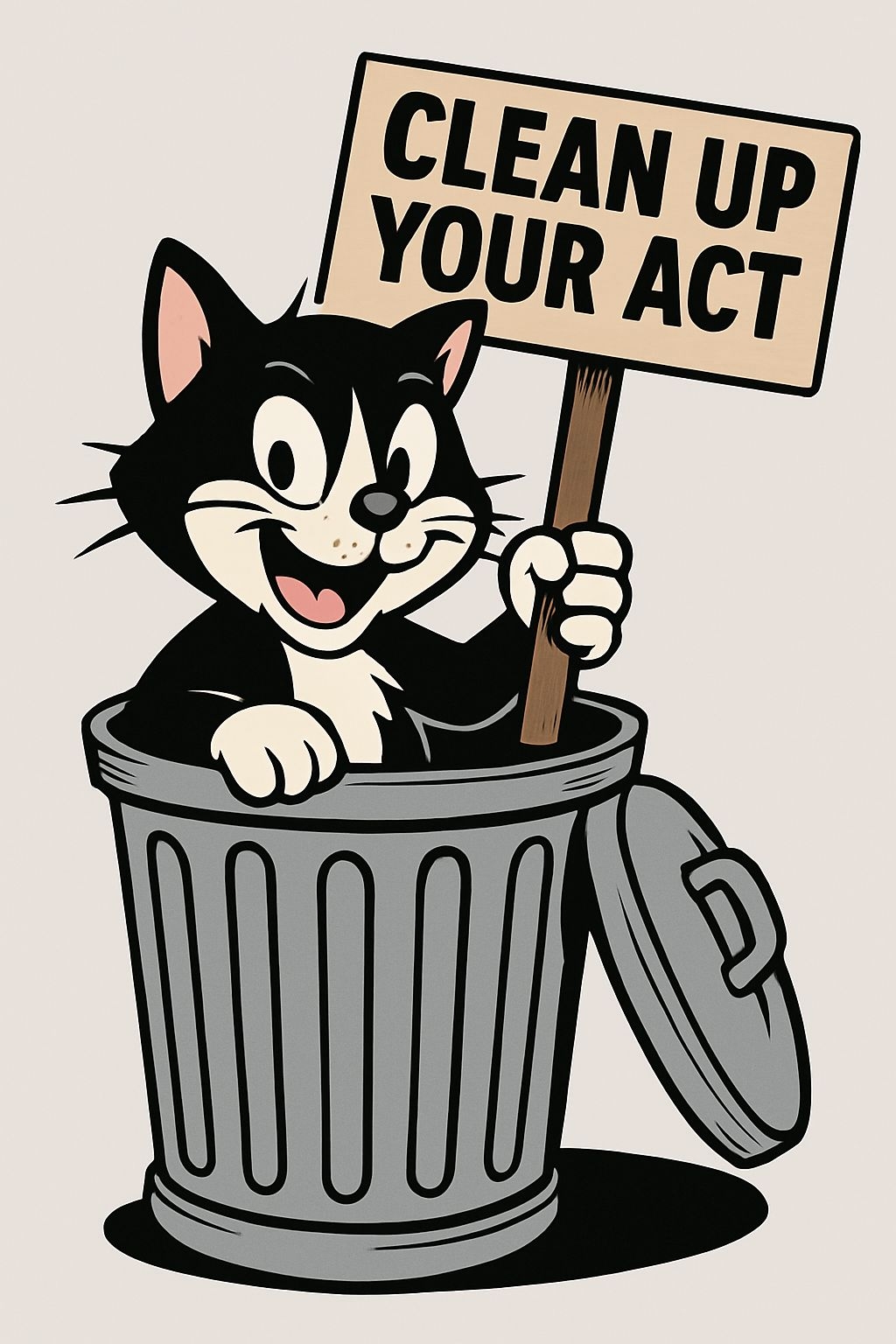 Cheerful Black and White Cat in Garbage Can Illustration Poster