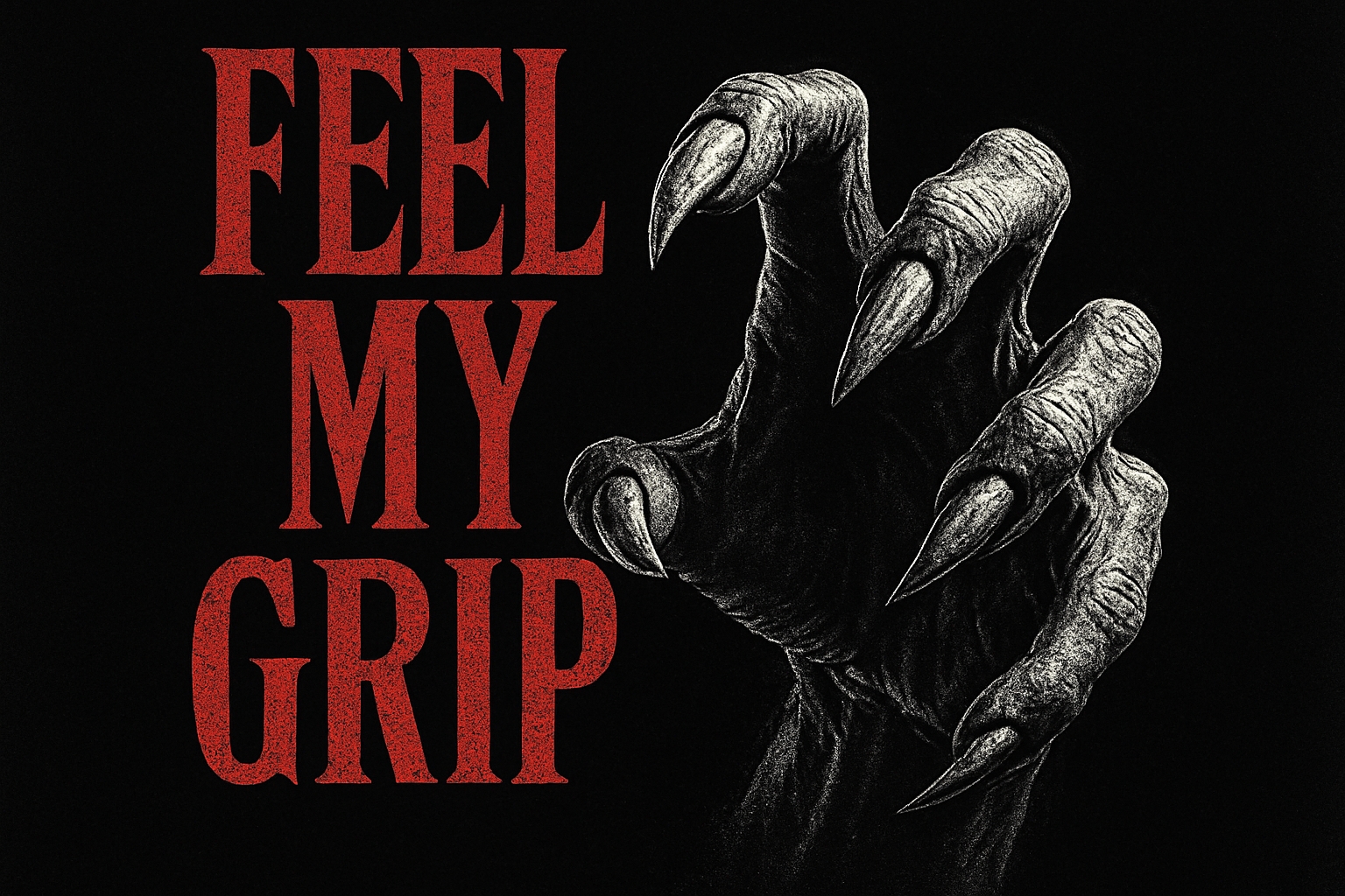 Menacing Grayscale Hand Illustration with Distressed Text Social Media Post