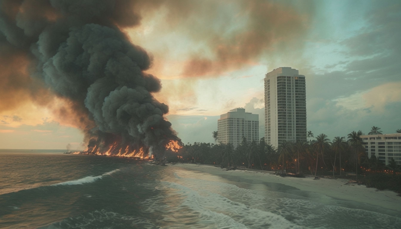 Dramatic Coastal Fire Scene at Dawn Virtual Background