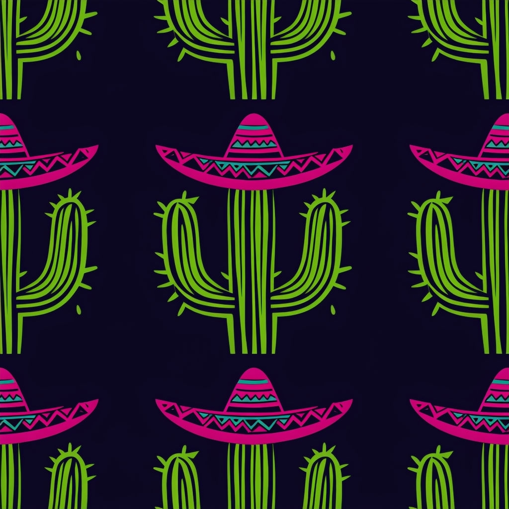 Colorful Cartoon Cactus Sombrero Seamless Pattern Design