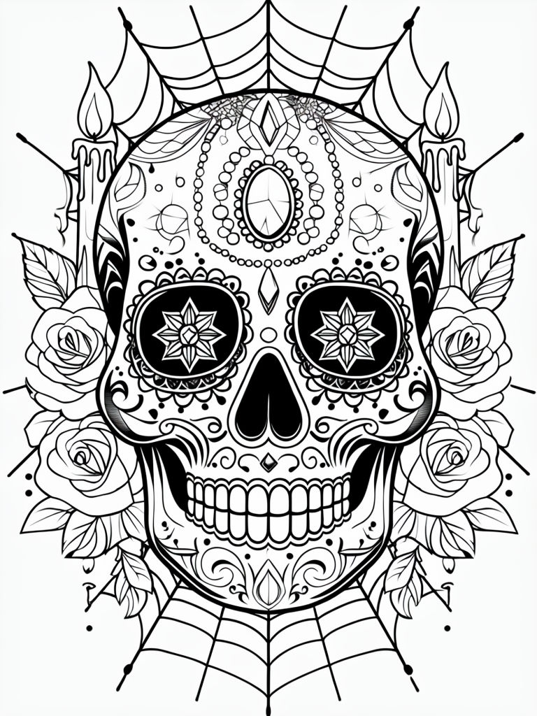 Intricate Black and White Sugar Skull with Roses and Candles Coloring Page