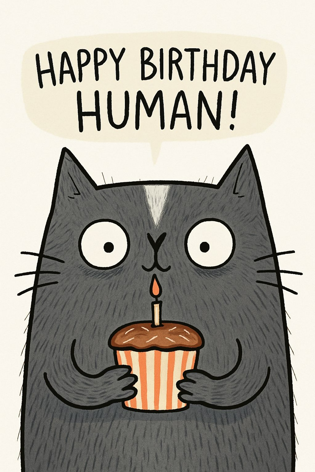 Whimsical Cartoon Cat Holding Cupcake Birthday Card Design Cards & Invites