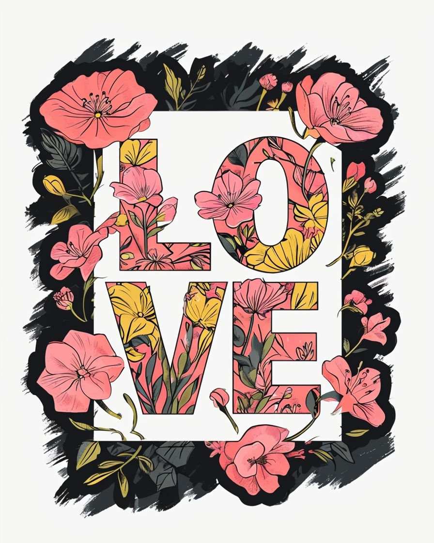 Colorful Floral LOVE Typography Illustration T-Shirt