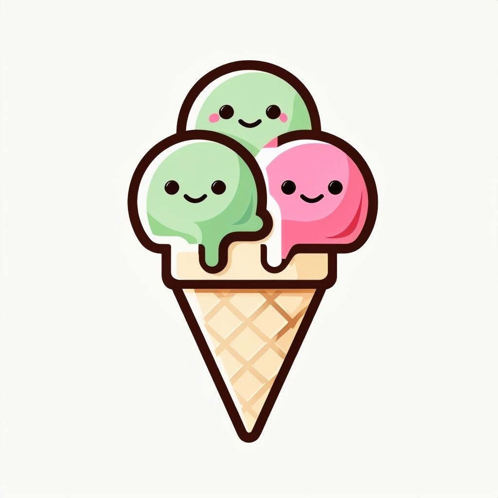 Cute Stylized Ice Cream Cone with Smiling Scoops Sticker