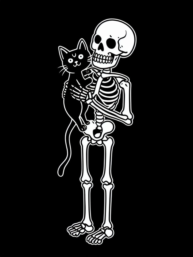 Eerie Minimalist Skeleton Holding Cat Illustration T-shirt