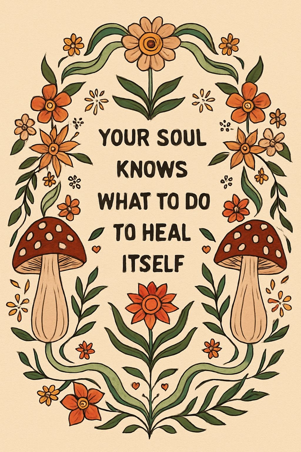 Rustic Motivational Quote with Floral Design and Mushrooms Poster