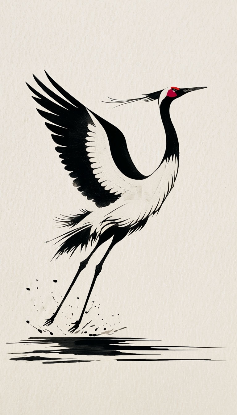 Elegant Japanese Crane Takeoff Minimalist Illustration Mobile Wallpaper