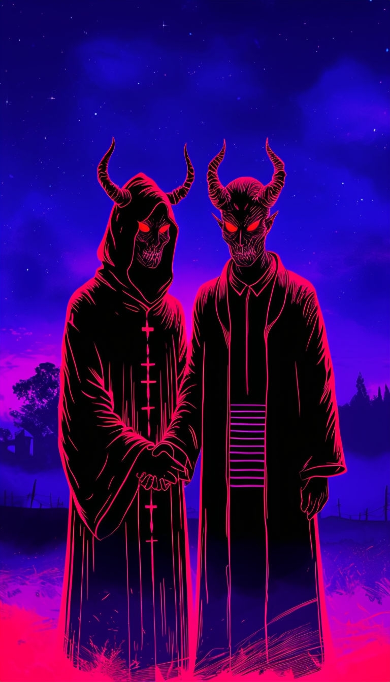 Eerie Demonic Figures in Crimson Glow against Night Sky Mobile Wallpaper