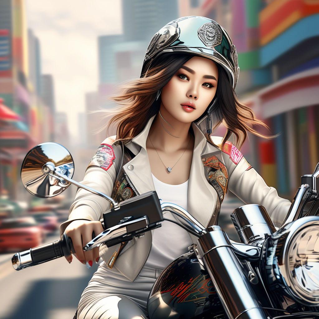 anime art style girl riding a motorcycle with detailed hands arms legs and  faces girly kawaii flowing hair green high top shoes riding a motorcycle  realistic high detail