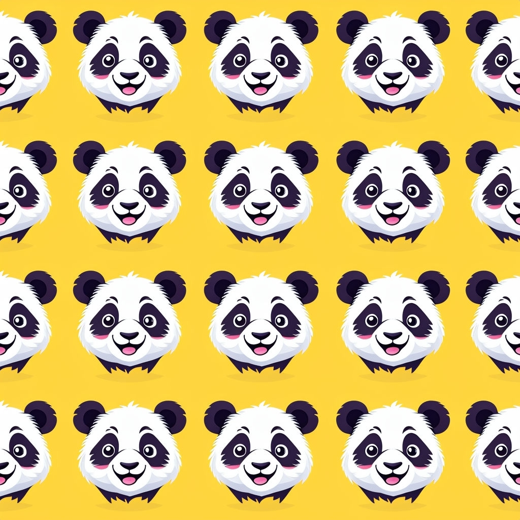Playful Cartoon Panda Faces on Bright Yellow Seamless Pattern