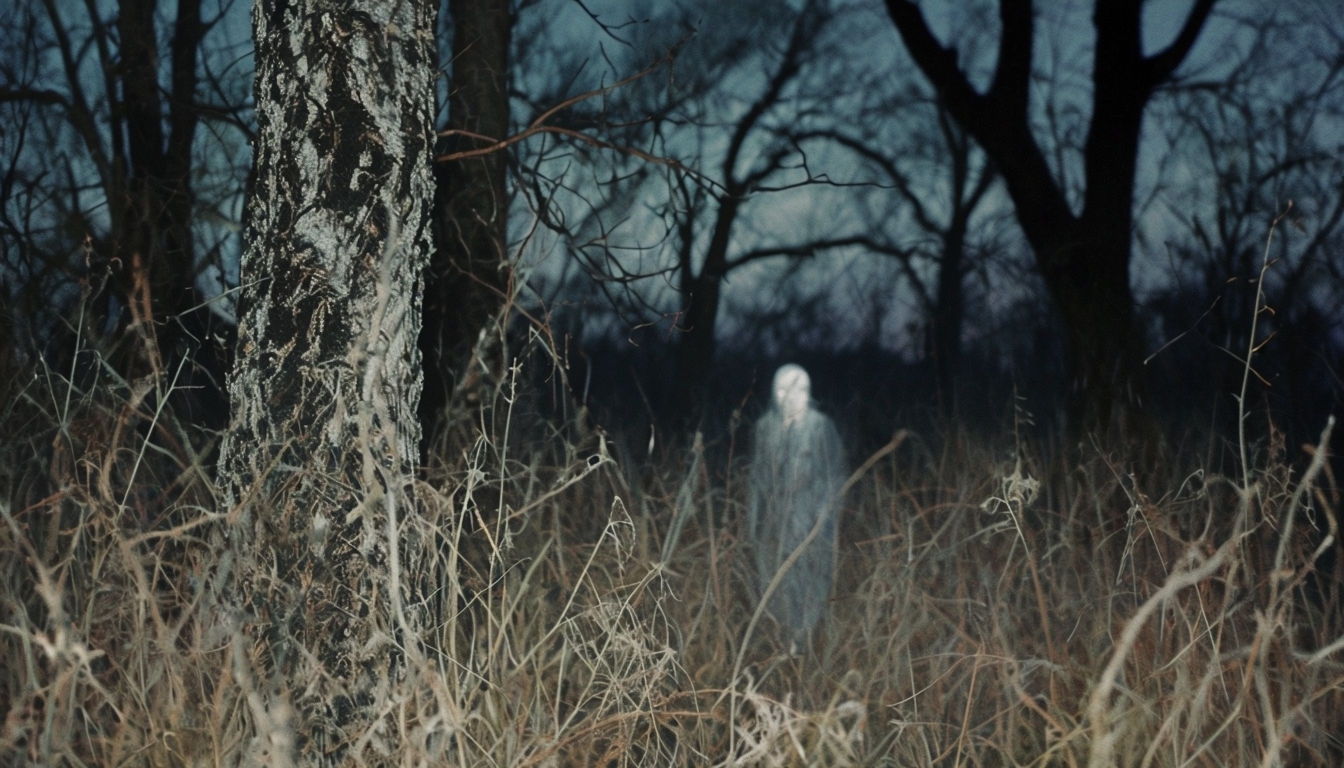 Eerie Twilight Forest with Ghostly Figure Virtual Background