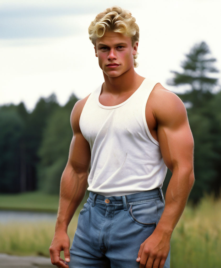 gay blonde muscle twink in a tiny crop-top and daisy duke shorts.