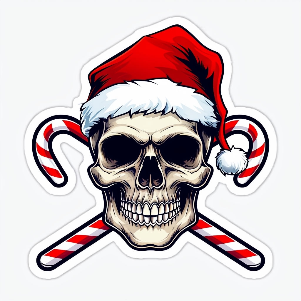 Festive Skull with Santa Hat and Candy Canes Sticker