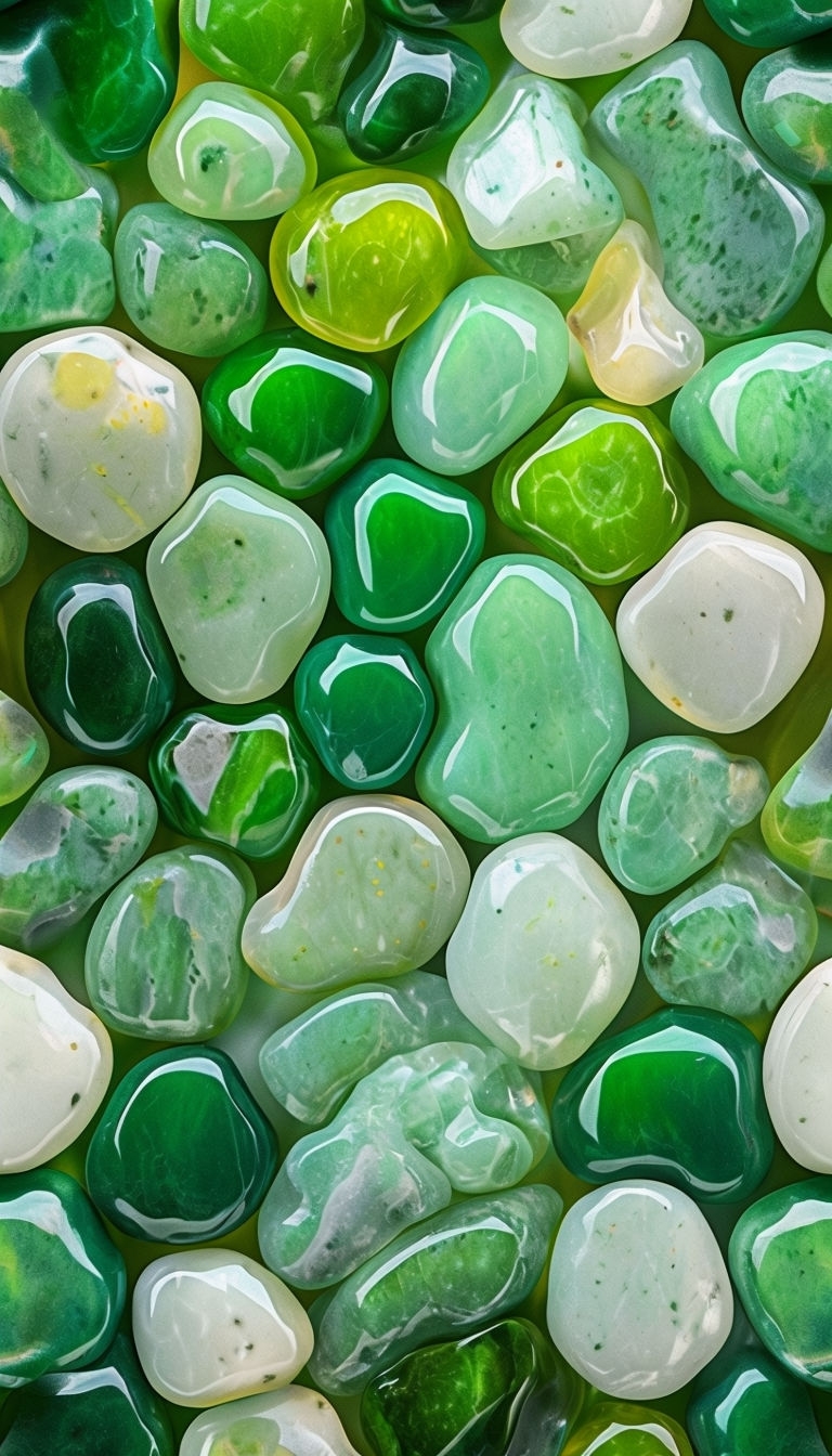 Glossy Green and White Polished Stones Close-Up Mobile Wallpaper