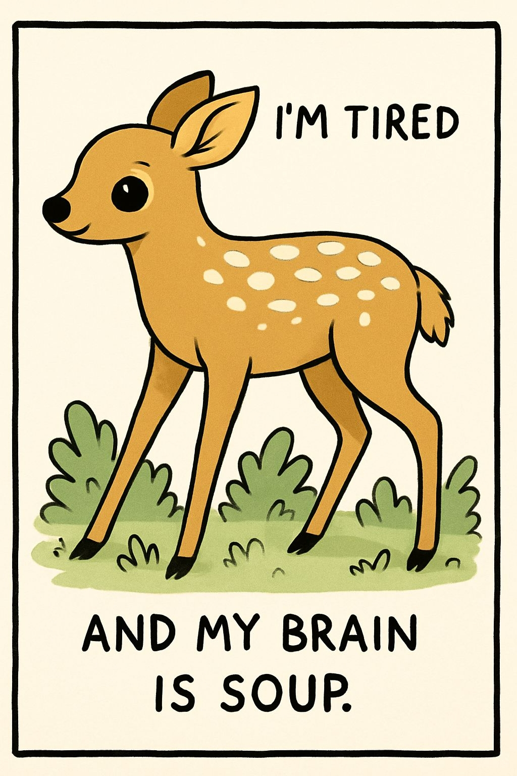Whimsical Cartoon Fawn Illustration with Tired Phrases Poster