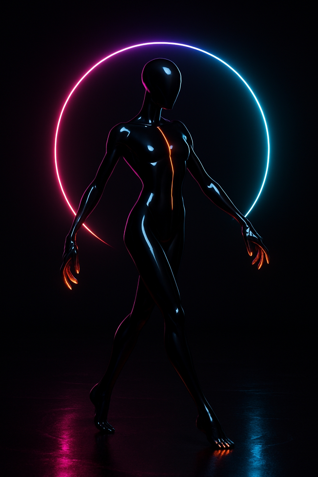 Futuristic Glossy Humanoid with Neon Light Rings Mobile Wallpaper