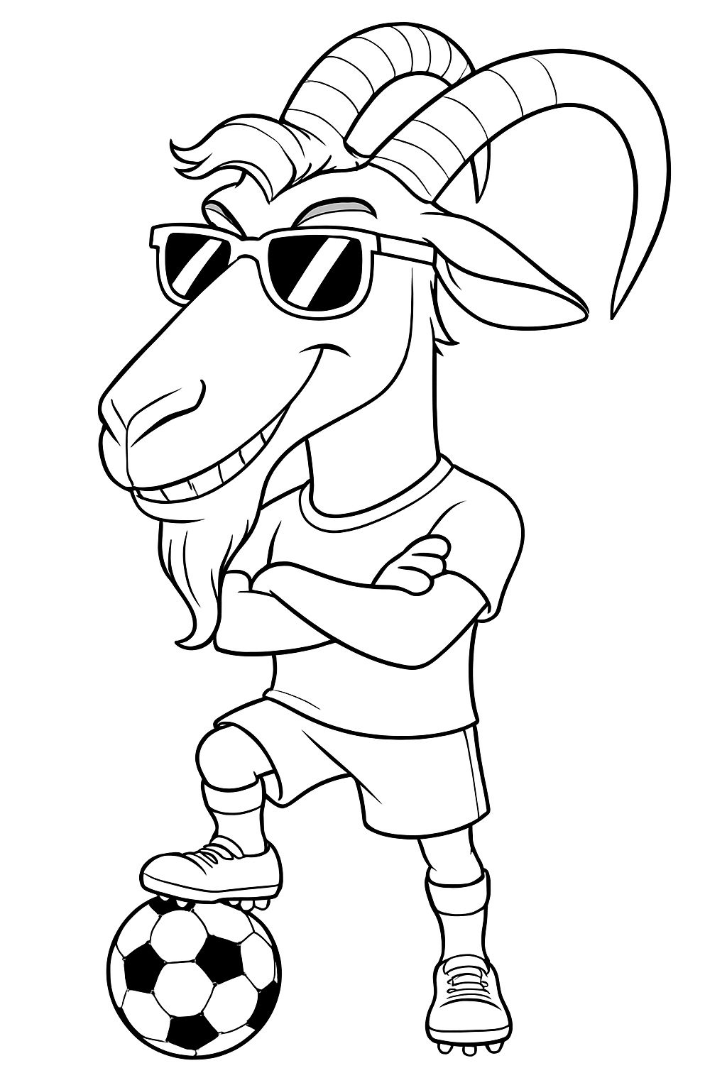 Confident Cartoon Goat Character Ready for Soccer Coloring Page
