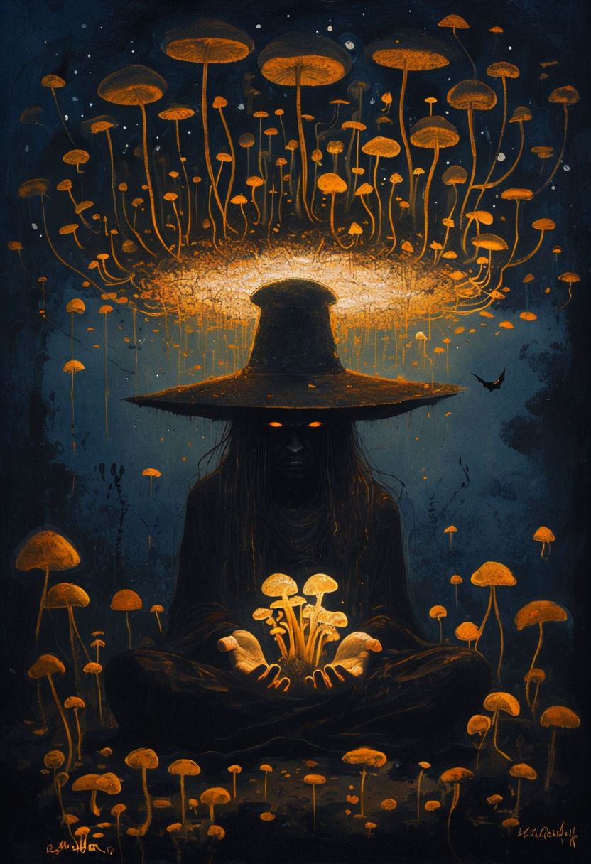 Glowing Mushroom Sorcerer Mystical Art Painting Poster