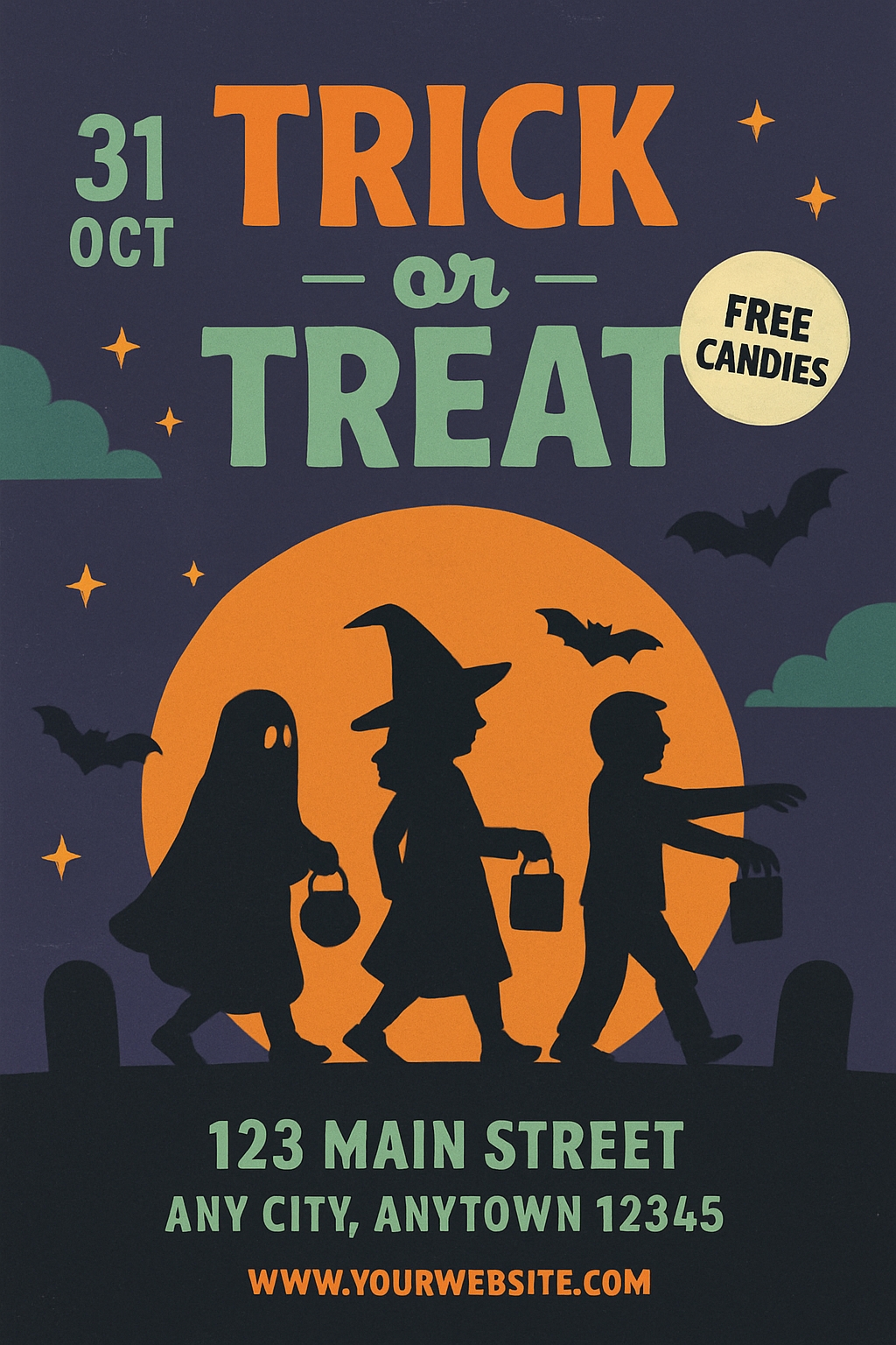 Spooky Halloween Trick or Treat Poster with Silhouetted Children Card