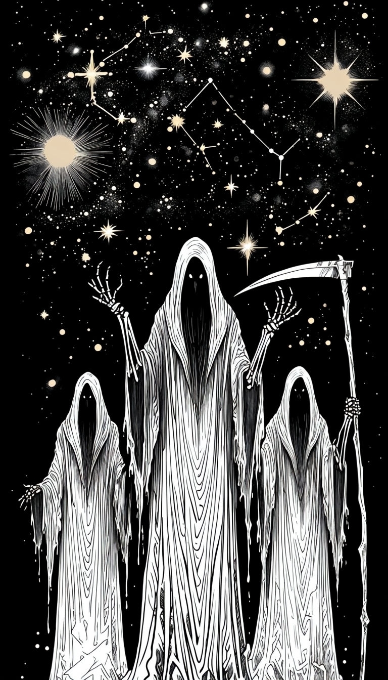 Eerie Ghostly Figures Under Starry Night Sky Illustration Mobile Wallpaper