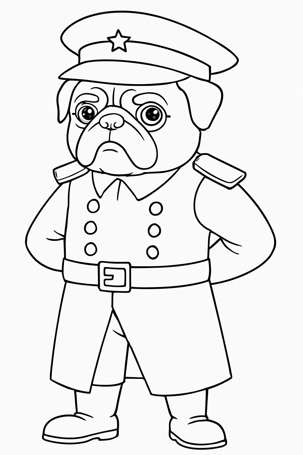 Confident Pug in Military Attire Line Drawing for Coloring Book Pages
