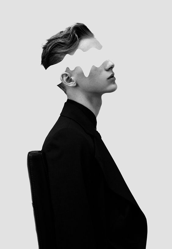 Stylish Black and White Profile Portrait with Abstract Waves Art