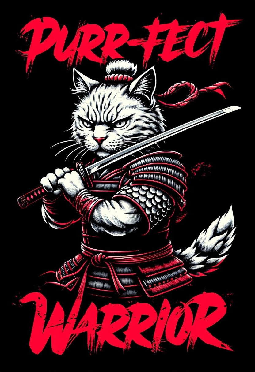 Fierce Samurai Cat Purr-fect Warrior Graphic T-Shirt