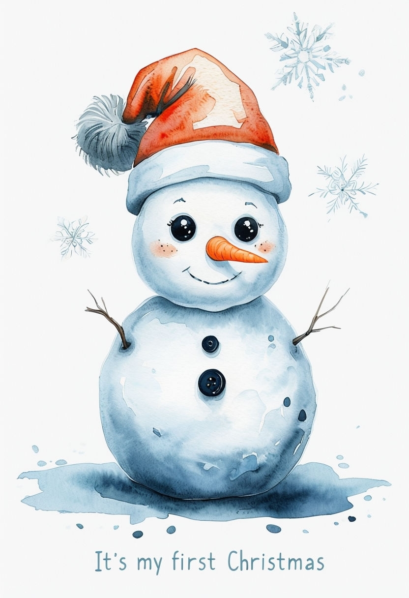 Whimsical Snowman Watercolor Illustration for First Christmas Card