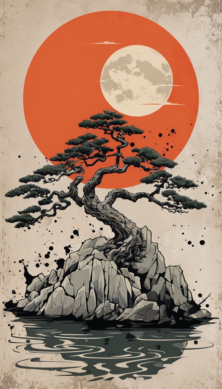 Gnarled Bonsai Tree and Full Moon Traditional Art Phone Case Cover