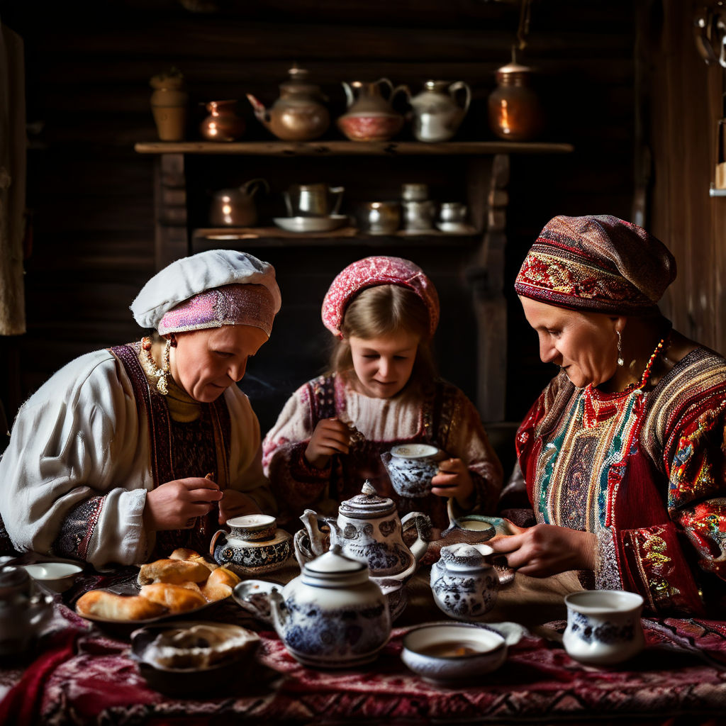 A traditional Russian family gathered around a ornate samova... by ...