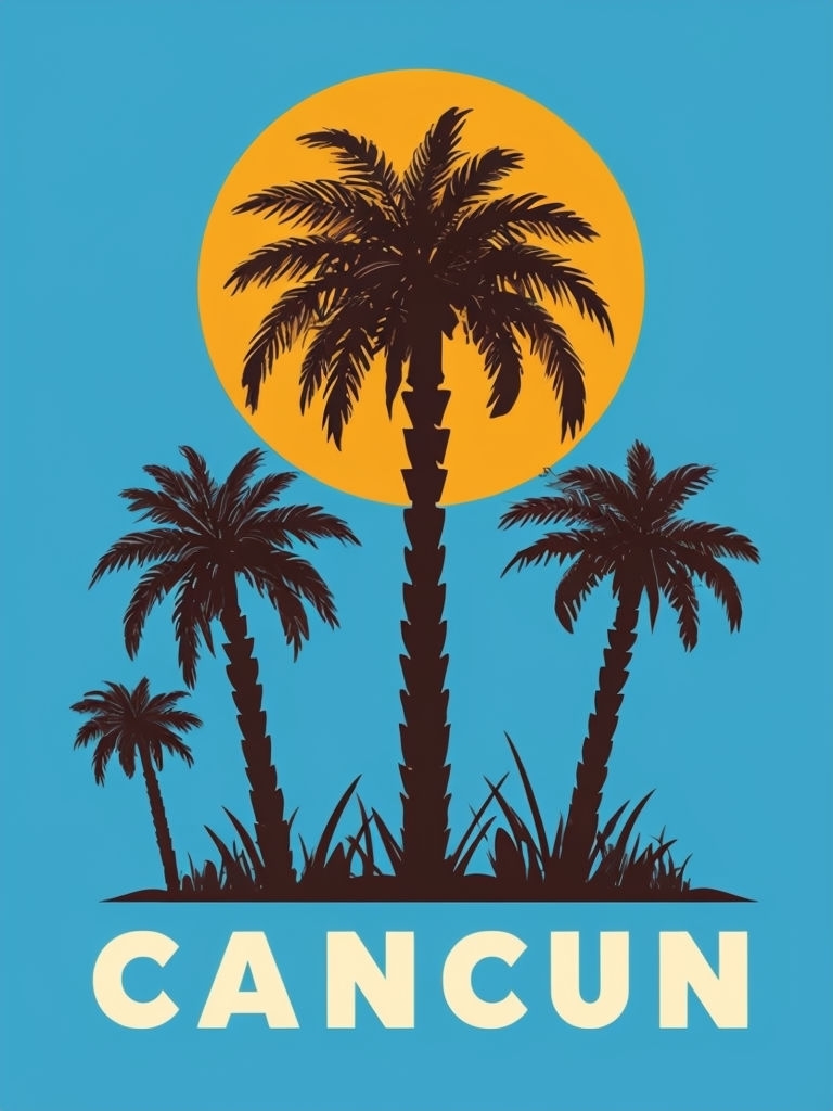 Tropical Cancun Palm Trees Illustration on Blue Background Poster