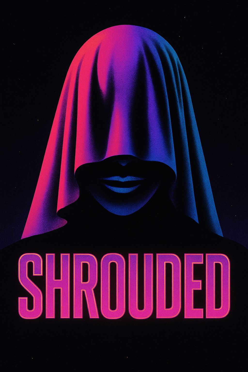Vibrant Neon Shrouded Figure with Bold Typography Poster