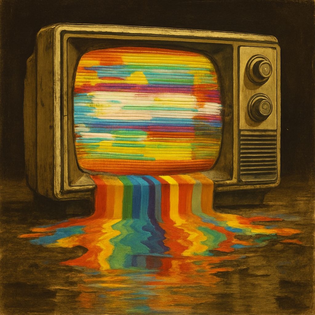 Surreal Vintage Television with Colorful Light Streams Art