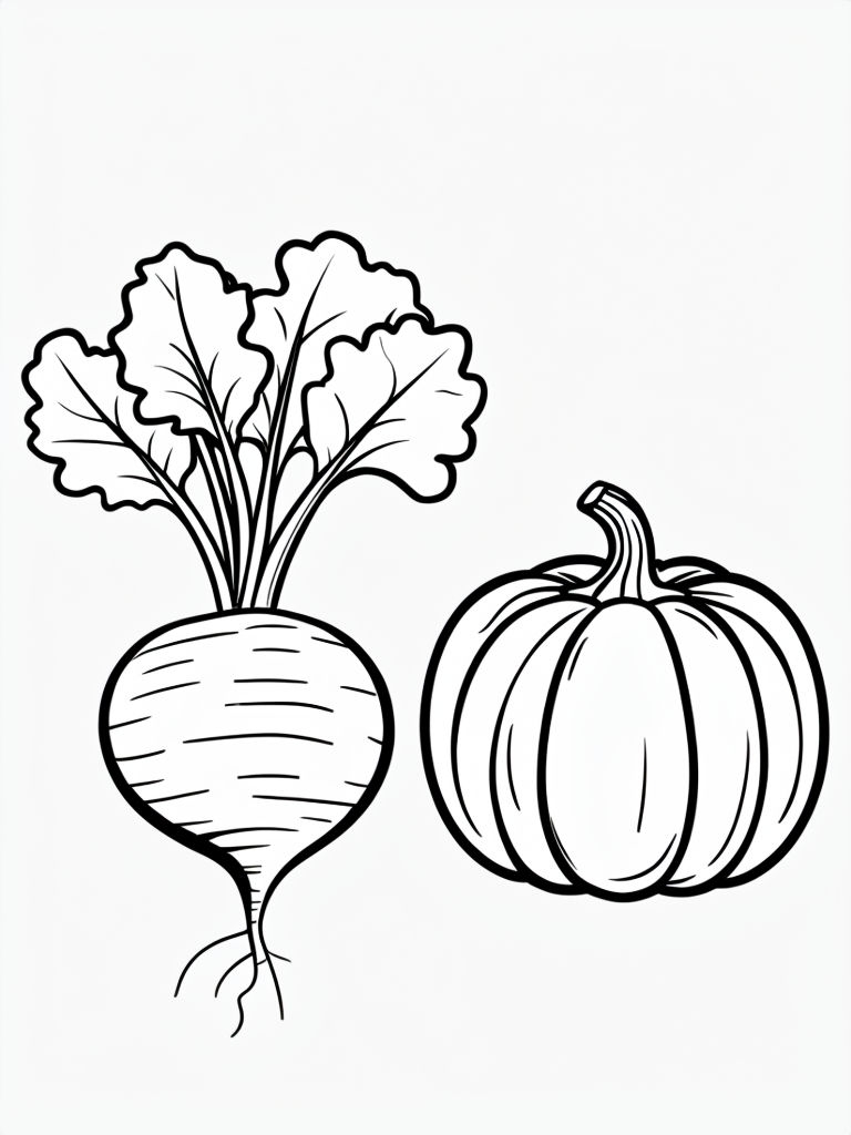 Minimalistic Black and White Beet and Pumpkin Drawing Coloring Book Pages