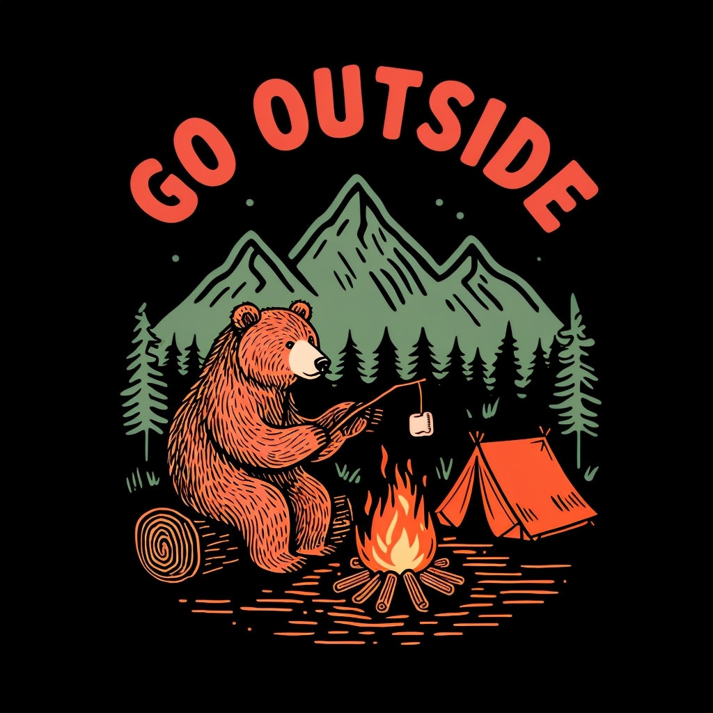 Whimsical Bear Roasting Marshmallow Campfire T-Shirt